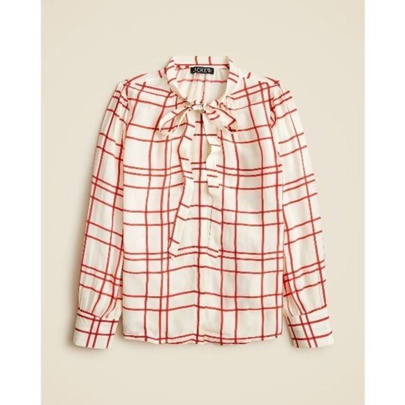 J.Crew Tie-neck top in plaid crepe de chine Ivory Red Size 2 NWT - Picture 3 of 7